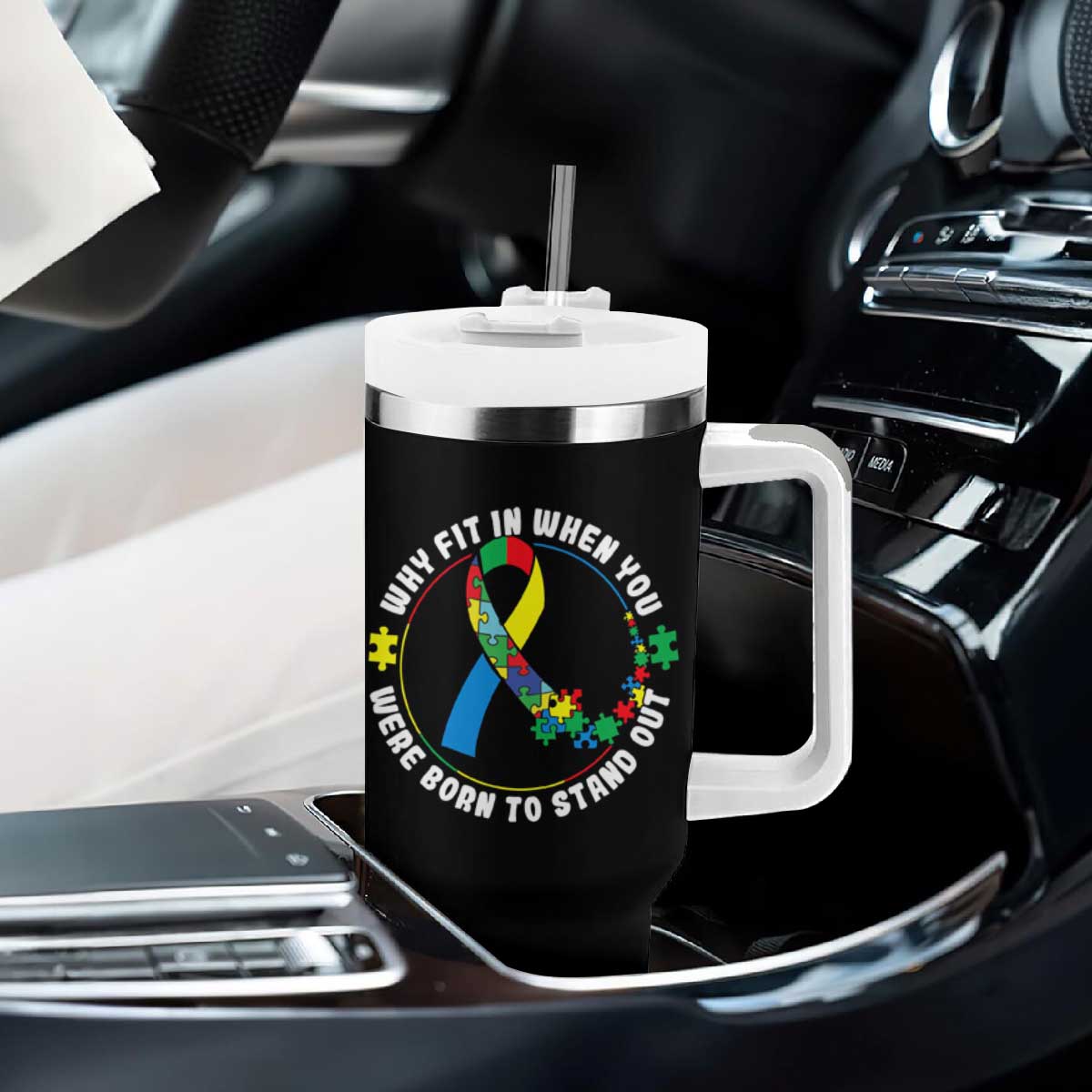Autism Awareness Tumbler With Handle Why Fit In When You Were Born To Stand Out Autistic TS09 Print Your Wear