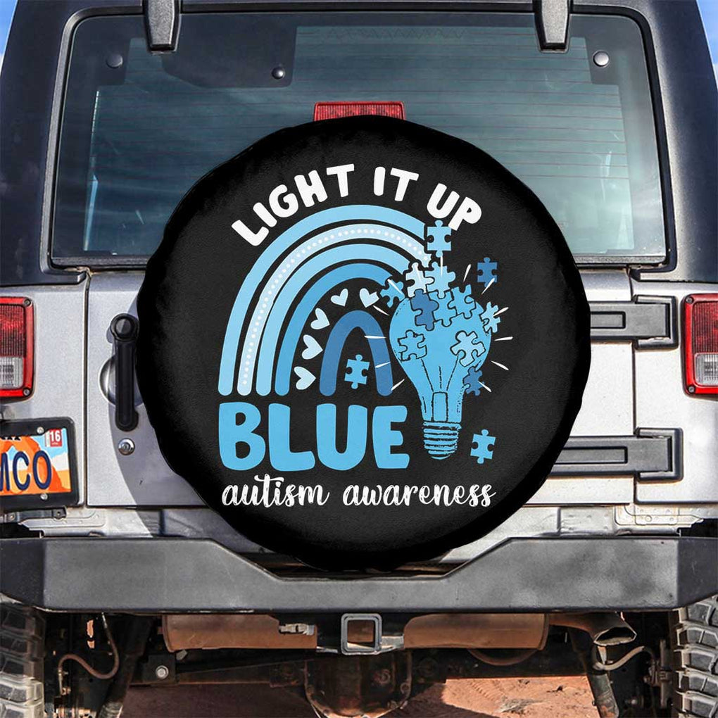 Autism Awareness Spare Tire Cover Light It Up Blue Rainbow Puzzle Piece TS09 No hole Black Print Your Wear