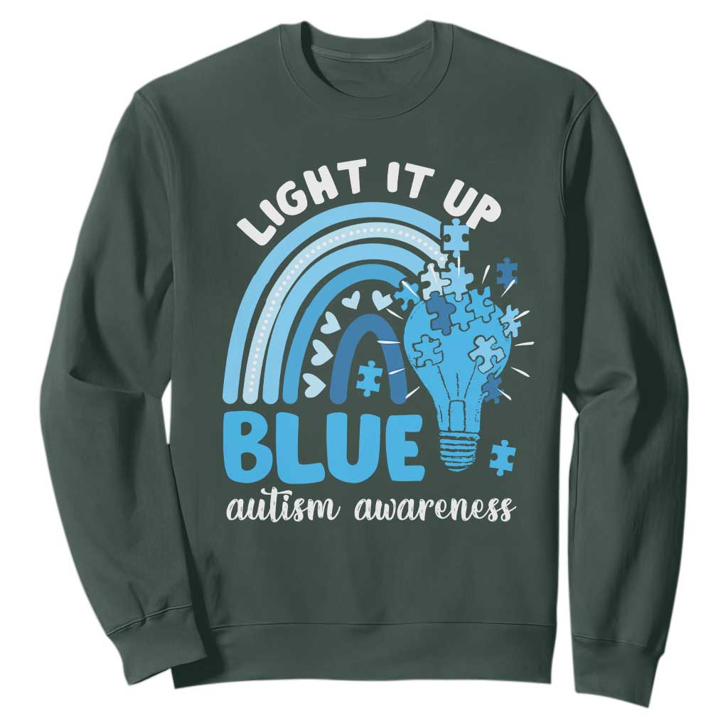 Autism Awareness Sweatshirt Light It Up Blue Rainbow Puzzle Piece TS09 Dark Forest Green Printyourwear
