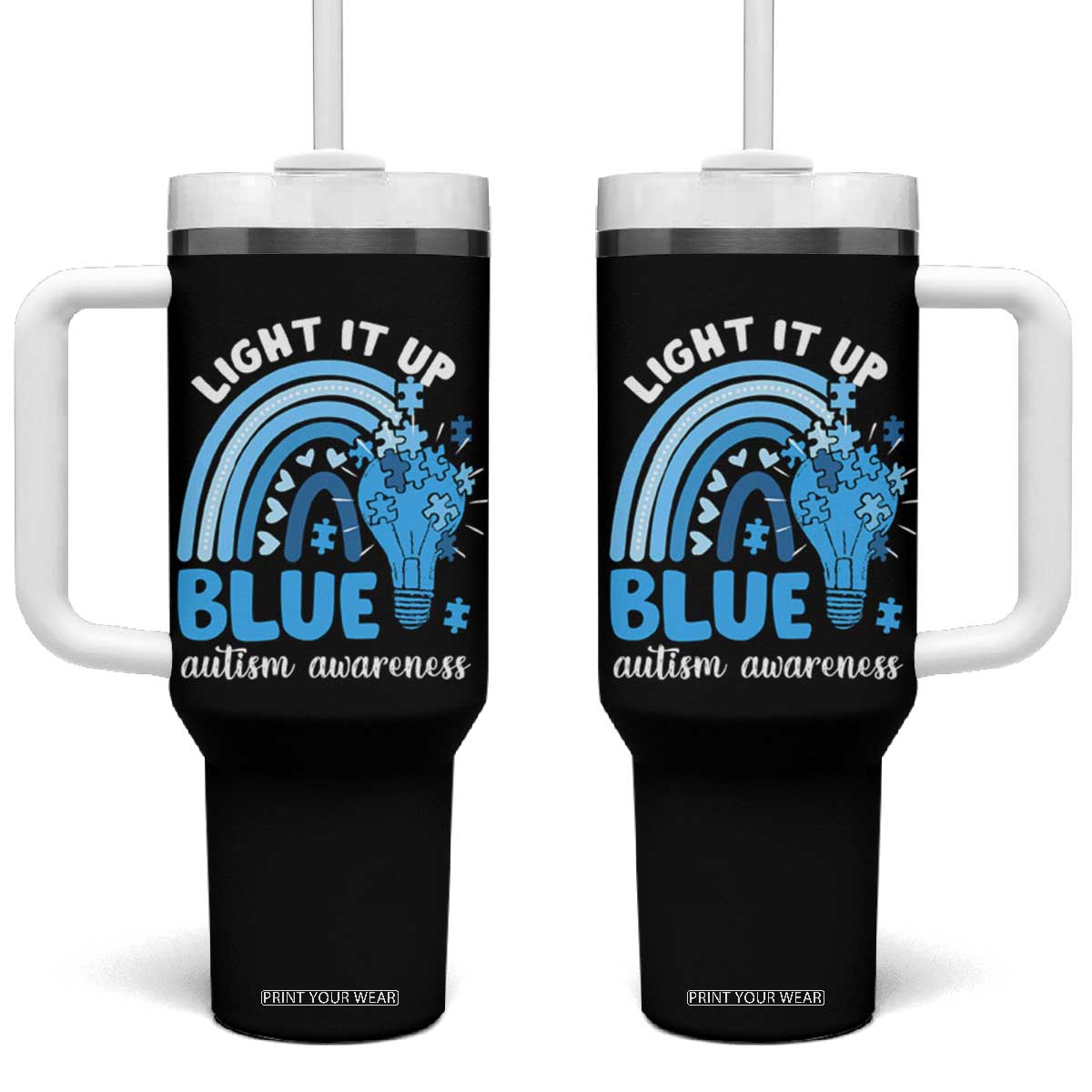 Autism Awareness Tumbler With Handle Light It Up Blue Rainbow Puzzle Piece TS09 One Size: 40 oz Black Print Your Wear