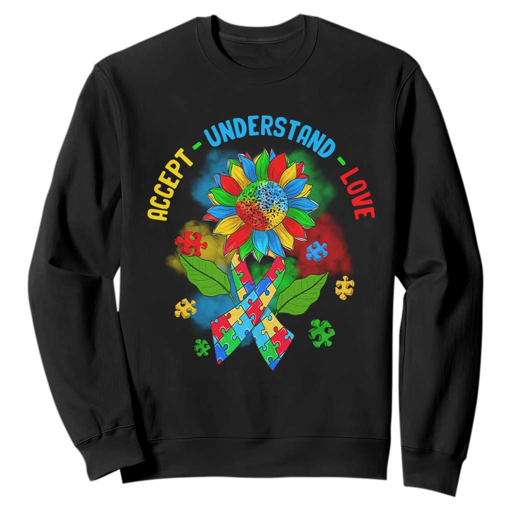 Autism Awareness Sweatshirt Accept Understand Love Rainbow Puzzle Sunflower TS09 Black Printyourwear