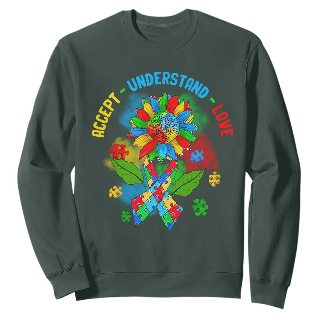 Autism Awareness Sweatshirt Accept Understand Love Rainbow Puzzle Sunflower TS09 Dark Forest Green Printyourwear