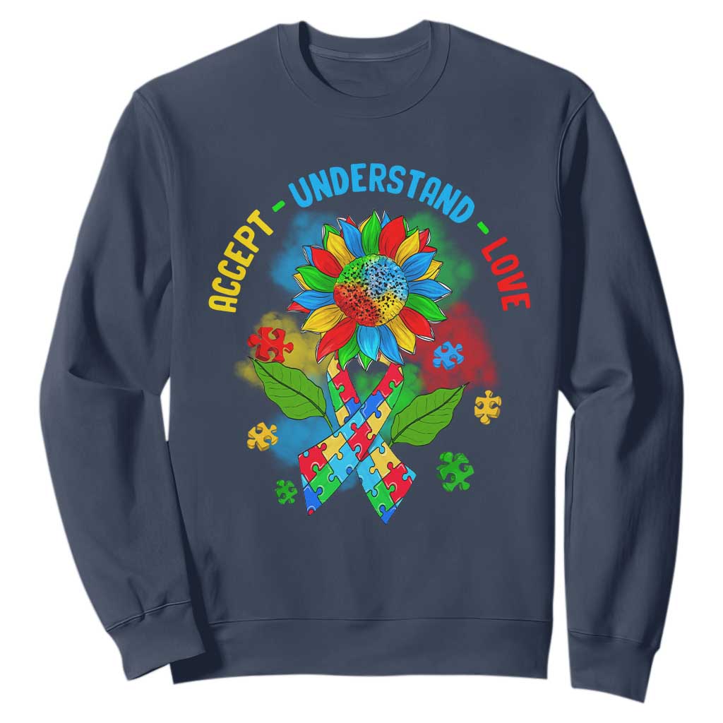 Autism Awareness Sweatshirt Accept Understand Love Rainbow Puzzle Sunflower TS09 Navy Printyourwear