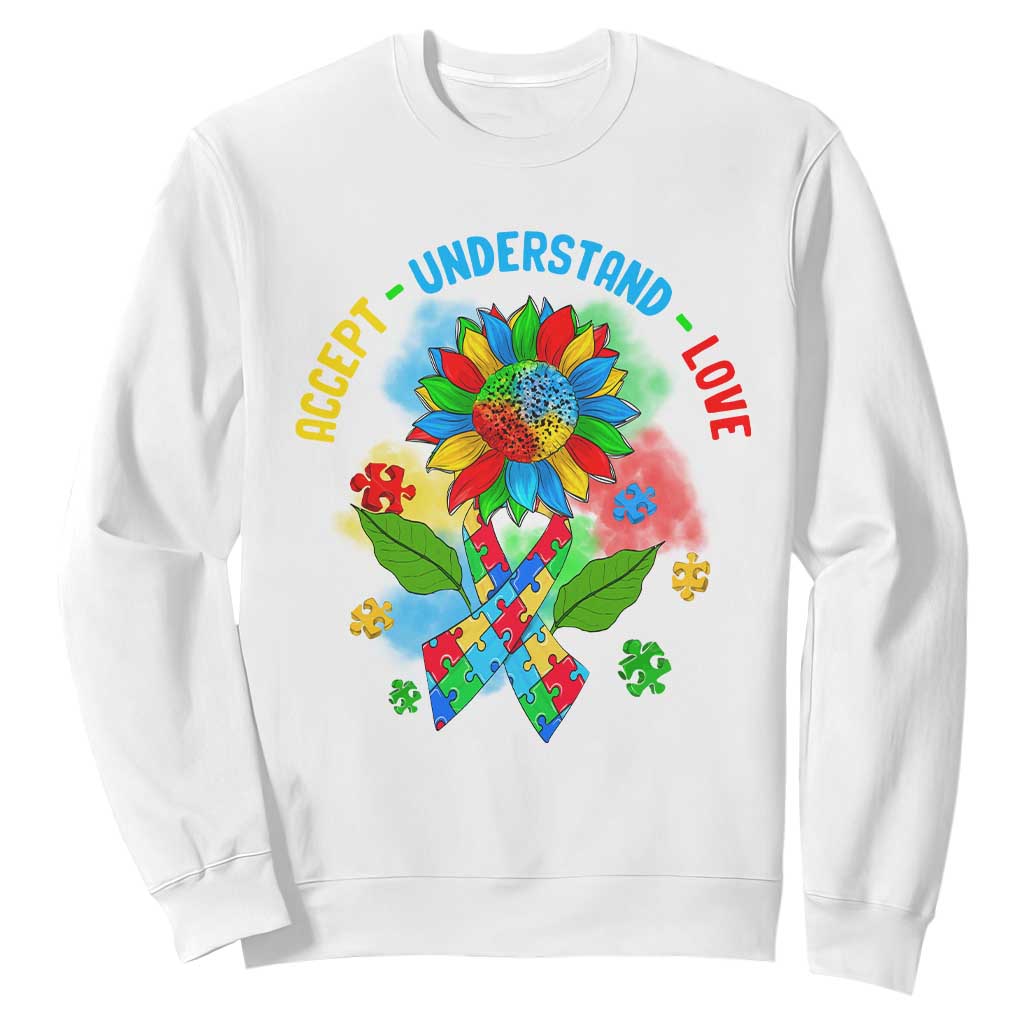 Autism Awareness Sweatshirt Accept Understand Love Rainbow Puzzle Sunflower TS09 White Printyourwear