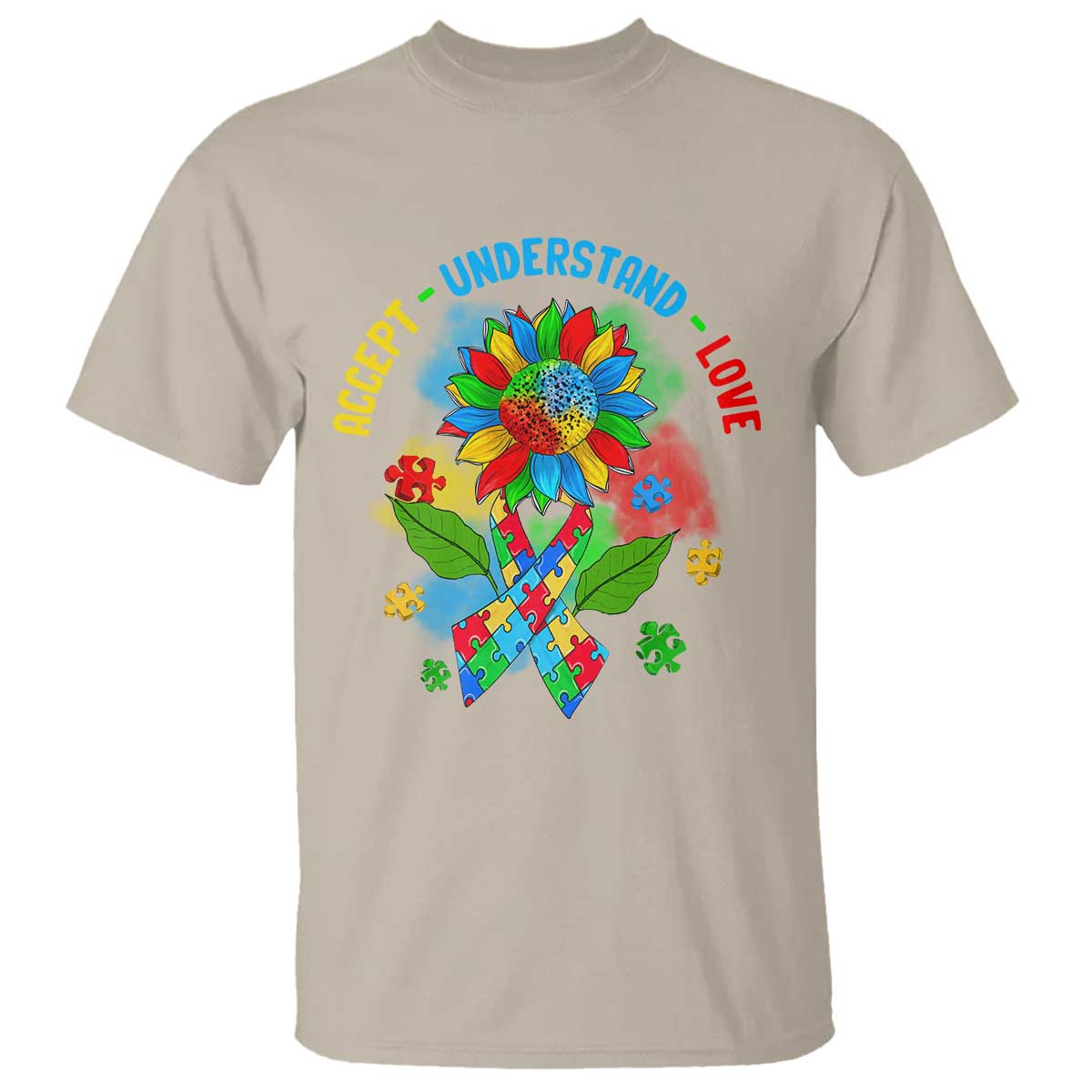 Autism Awareness T Shirt Accept Understand Love Rainbow Puzzle Sunflower TS09 Sand Printyourwear