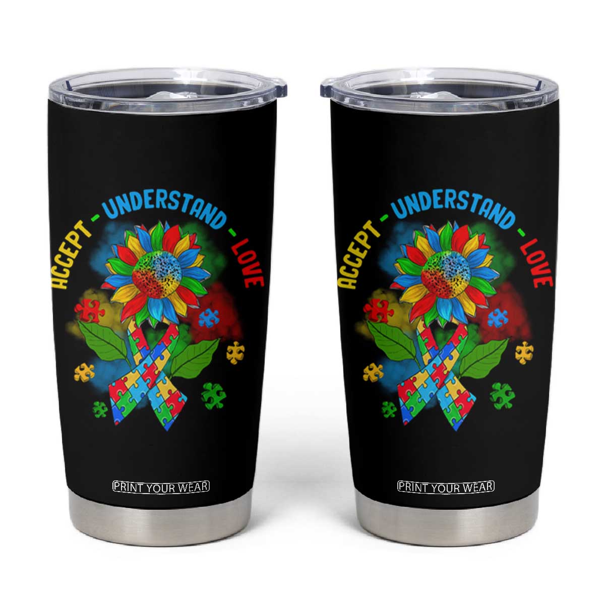 Autism Awareness Tumbler Cup Accept Understand Love Rainbow Puzzle Sunflower TS09 Black Print Your Wear