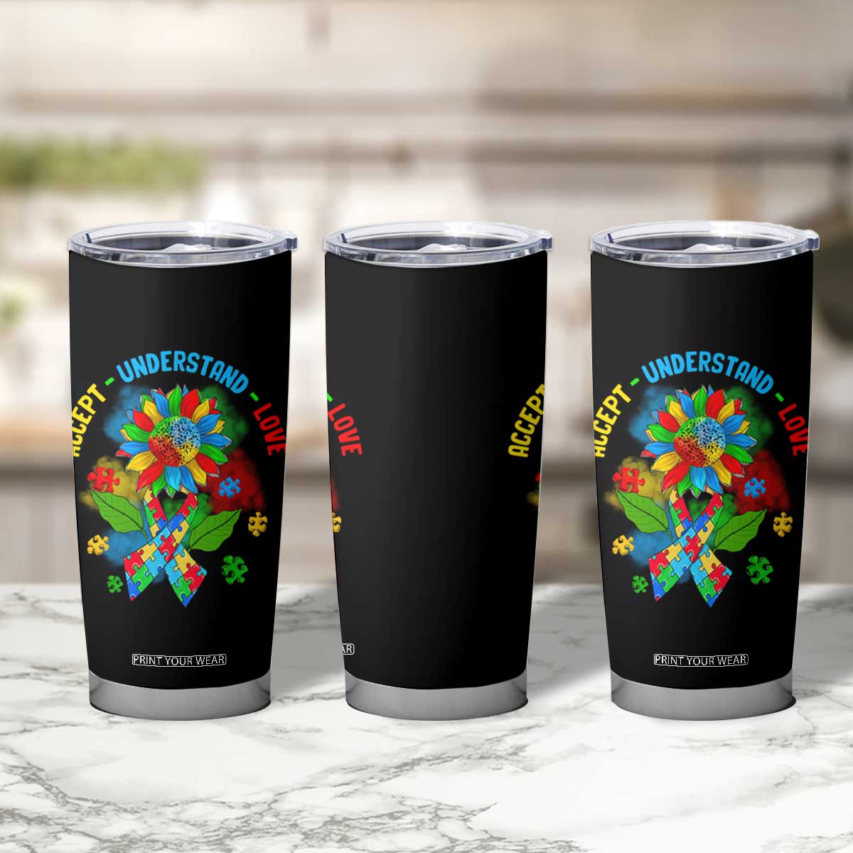 Autism Awareness Tumbler Cup Accept Understand Love Rainbow Puzzle Sunflower TS09 Print Your Wear