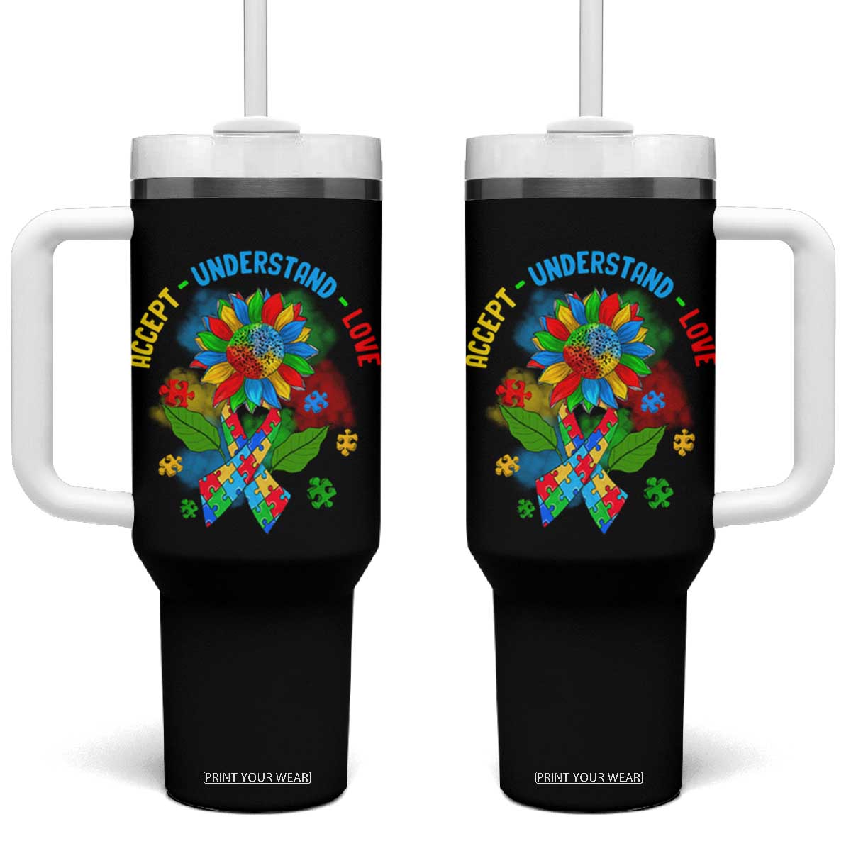 Autism Awareness Tumbler With Handle Accept Understand Love Rainbow Puzzle Sunflower TS09 One Size: 40 oz Black Print Your Wear