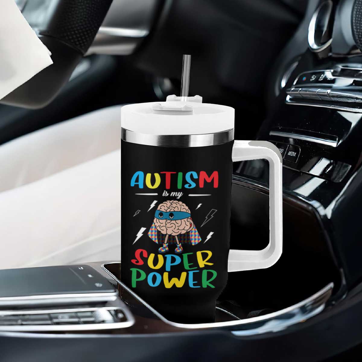 Autistic Tumbler With Handle Autism Is My Super Power Superhero TS09 Print Your Wear