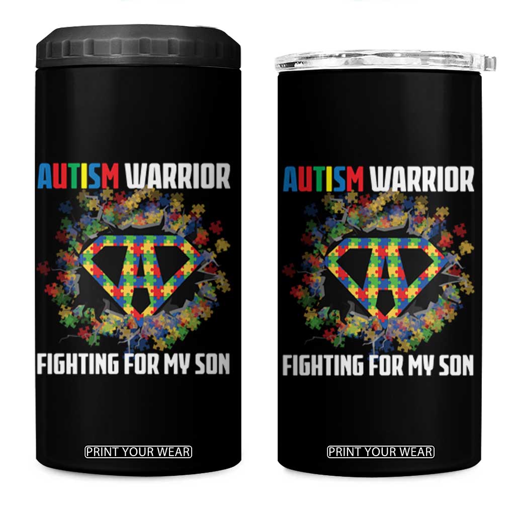 Autism Warrior Fighting For My Son Mom Dad Parents 4 in 1 Can Cooler Tumbler TS09 One Size: 16 oz Black Print Your Wear