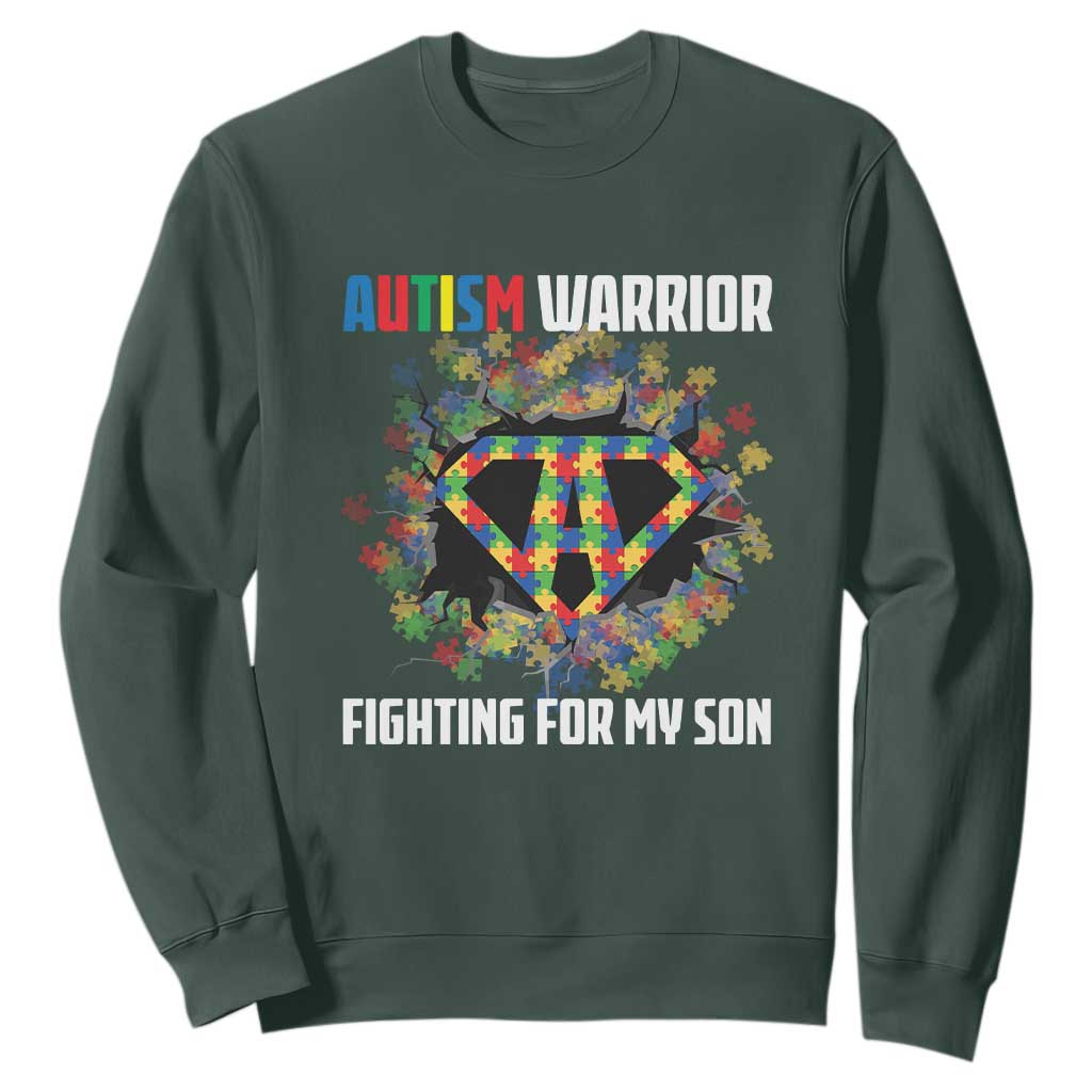 Autism Warrior Fighting For My Son Mom Dad Parents Sweatshirt TS09 Dark Forest Green Printyourwear