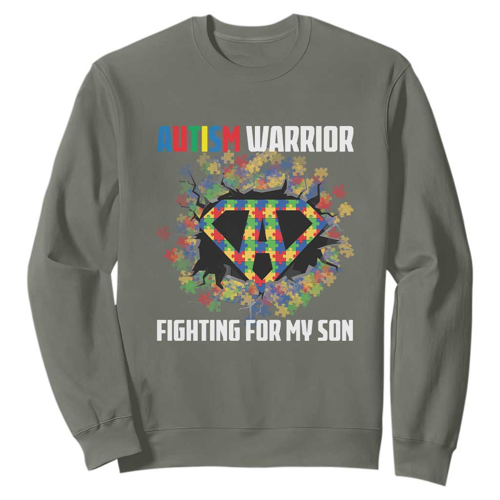 Autism Warrior Fighting For My Son Mom Dad Parents Sweatshirt TS09 Military Green Printyourwear