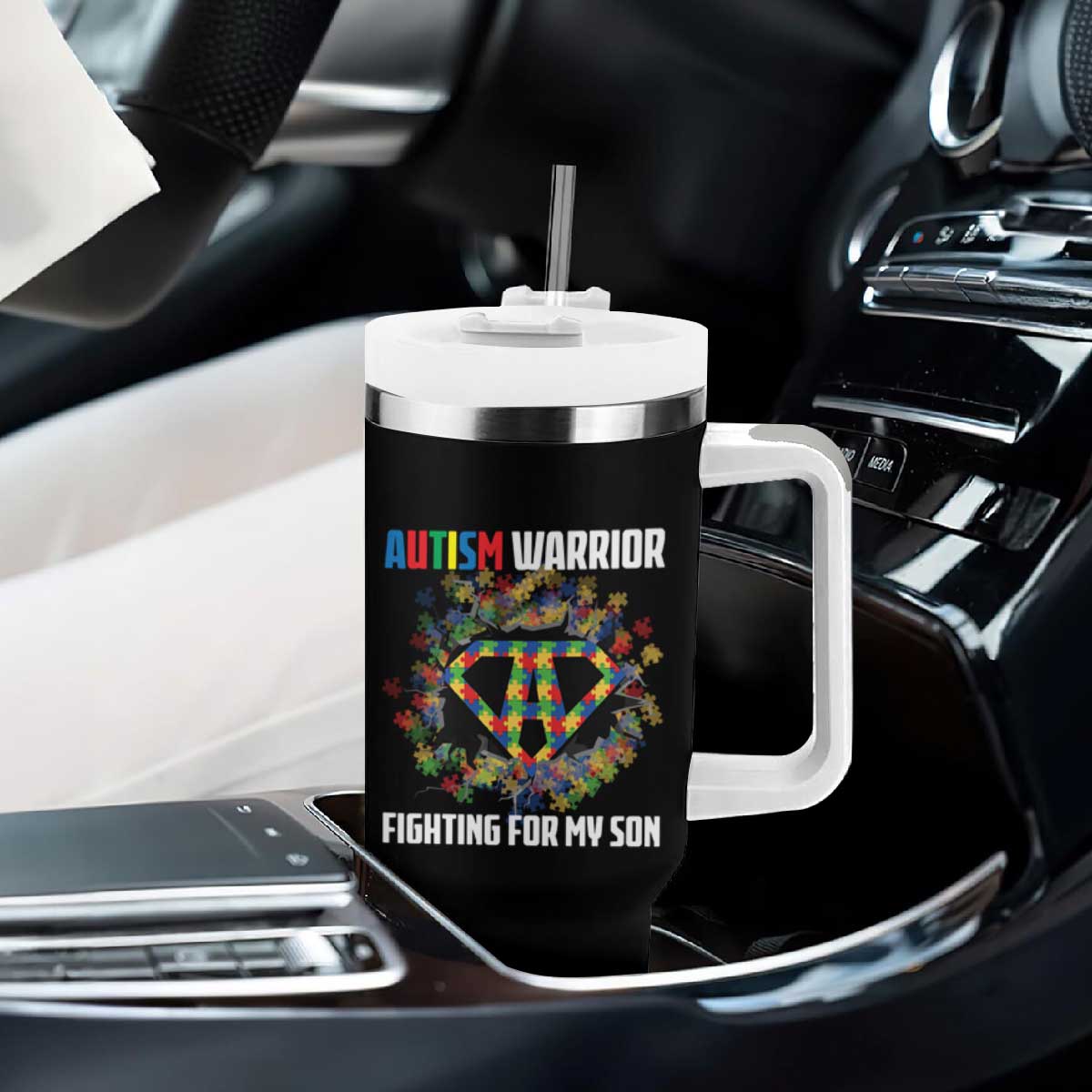 Autism Warrior Fighting For My Son Mom Dad Parents Tumbler With Handle TS09 Print Your Wear