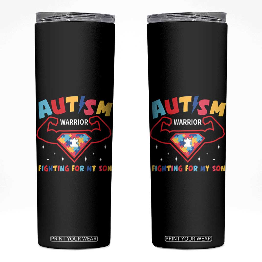 Autism Warrior Superhero Fighting For My Son Mom Dad Parents Skinny Tumbler TS09 Black Print Your Wear