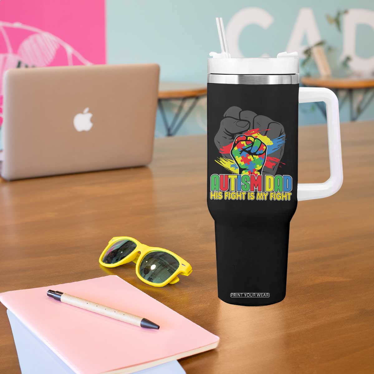 Autism Awareness Tumbler With Handle His Fight Is My Fight Dad Support TS09 Print Your Wear