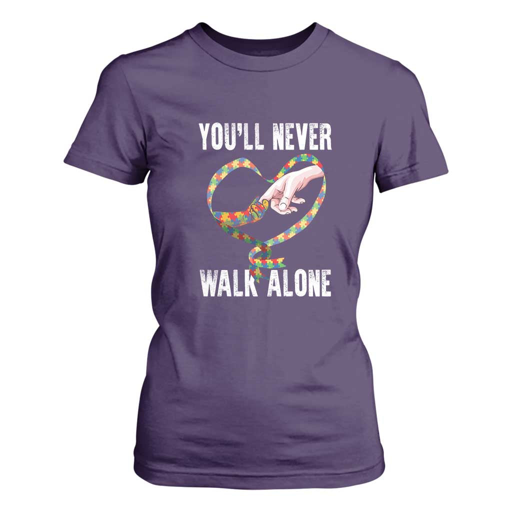 Autism Awareness T Shirt For Women You'll Never Walk Alone Mom Support TS09 Purple Printyourwear