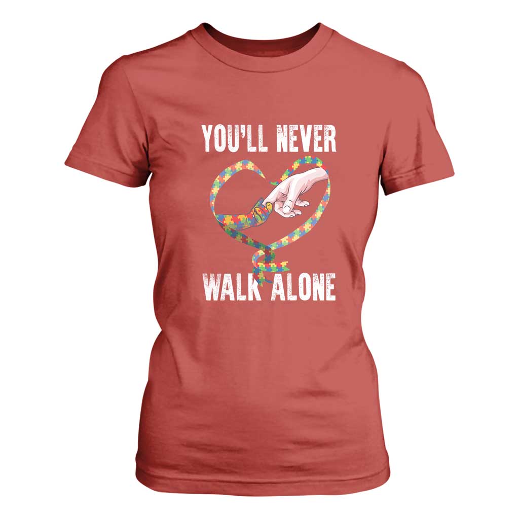Autism Awareness T Shirt For Women You'll Never Walk Alone Mom Support TS09 Red Printyourwear