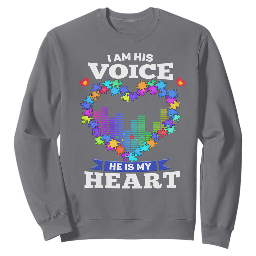 Autism Awareness Sweatshirt I Am His Voice He Is My Heart Mom Dad Parents Support TS09 Charcoal Printyourwear