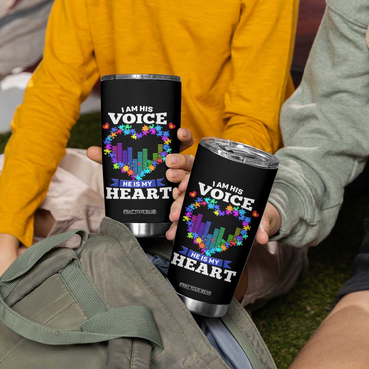 Autism Awareness Tumbler Cup I Am His Voice He Is My Heart Mom Dad Parents Support TS09 Print Your Wear