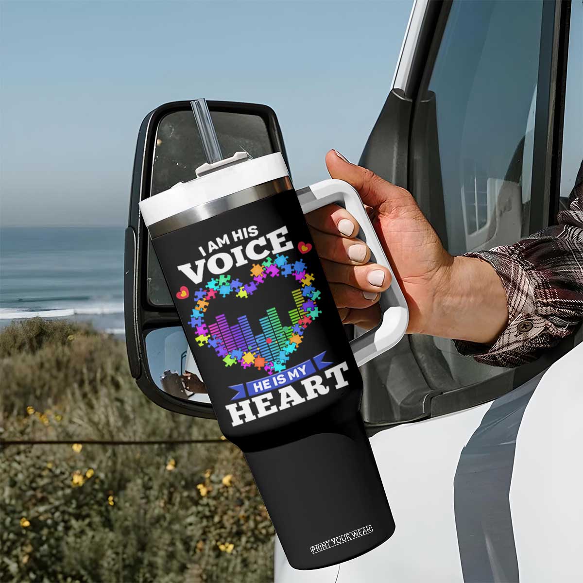Autism Awareness Tumbler With Handle I Am His Voice He Is My Heart Mom Dad Parents Support TS09 Print Your Wear