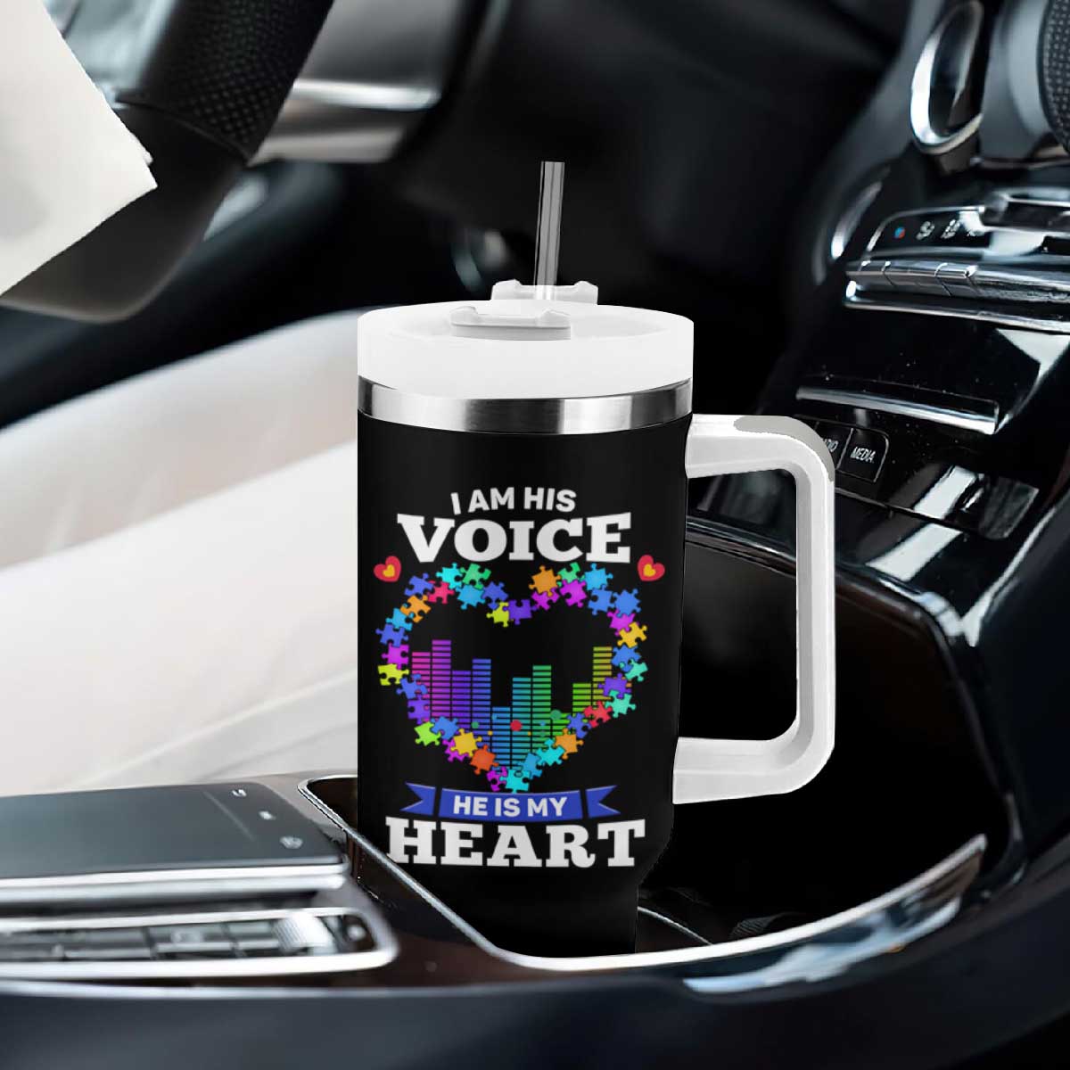 Autism Awareness Tumbler With Handle I Am His Voice He Is My Heart Mom Dad Parents Support TS09 Print Your Wear