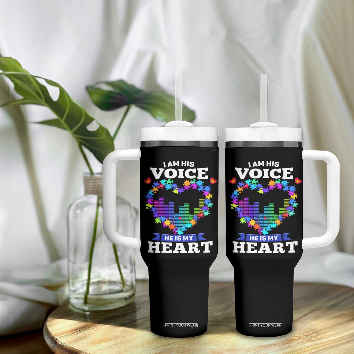 Autism Awareness Tumbler With Handle I Am His Voice He Is My Heart Mom Dad Parents Support TS09 Print Your Wear