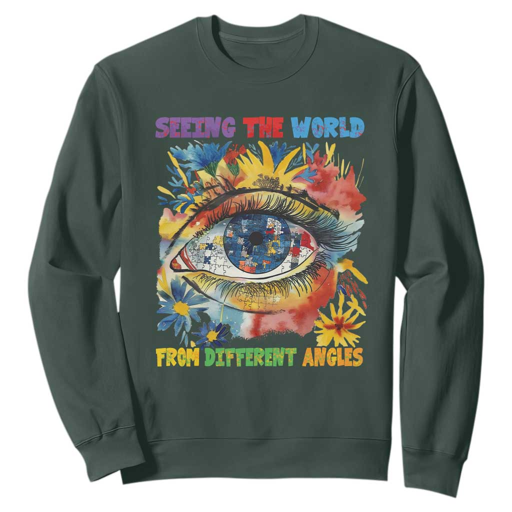 Autism Awareness Sweatshirt Puzzle Eyes Seeing The World From Diferent Angles TS09 Dark Forest Green Printyourwear