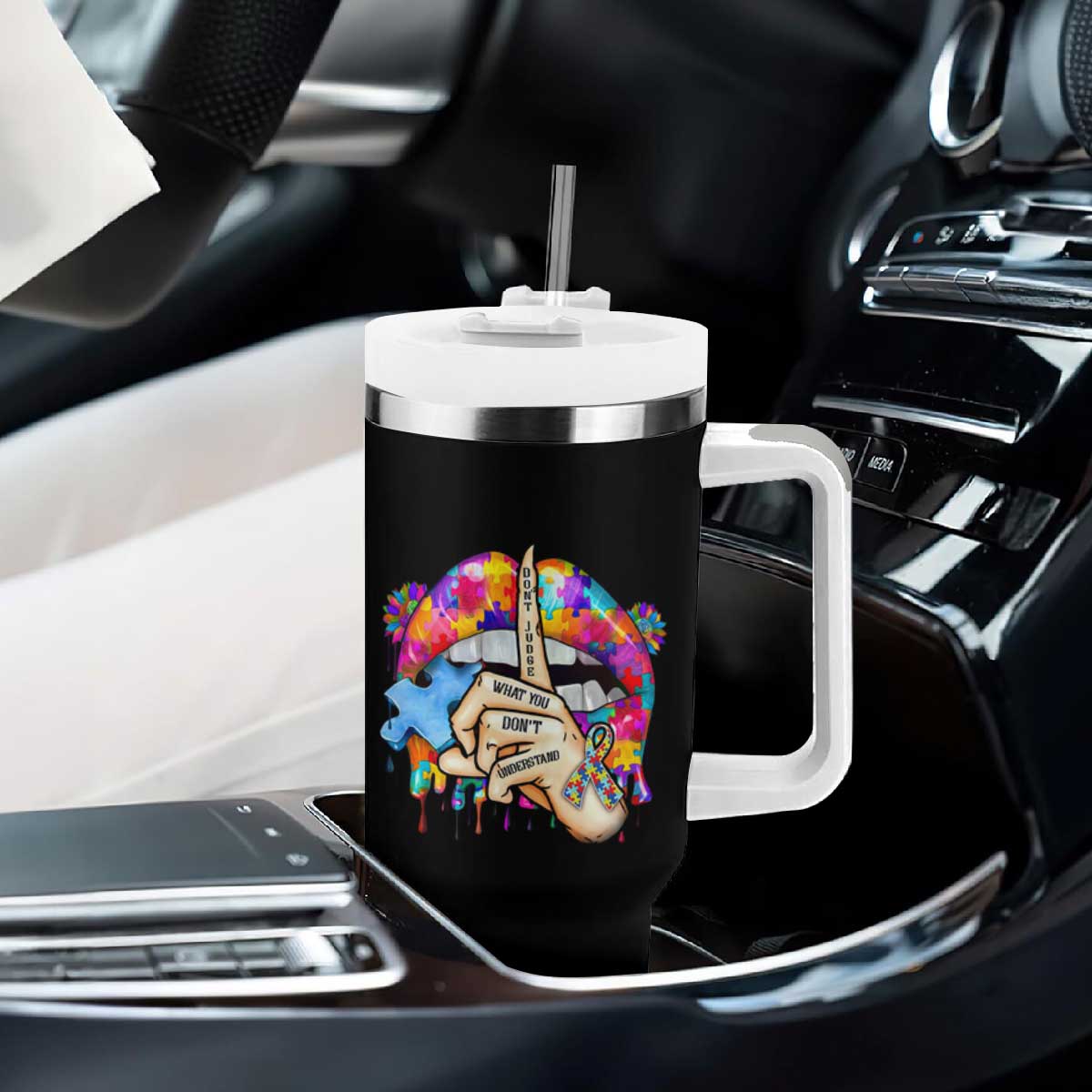 Autism Awareness Tumbler With Handle Don't Jundge What You Don't Understand Puzzle Lip TS09 Print Your Wear