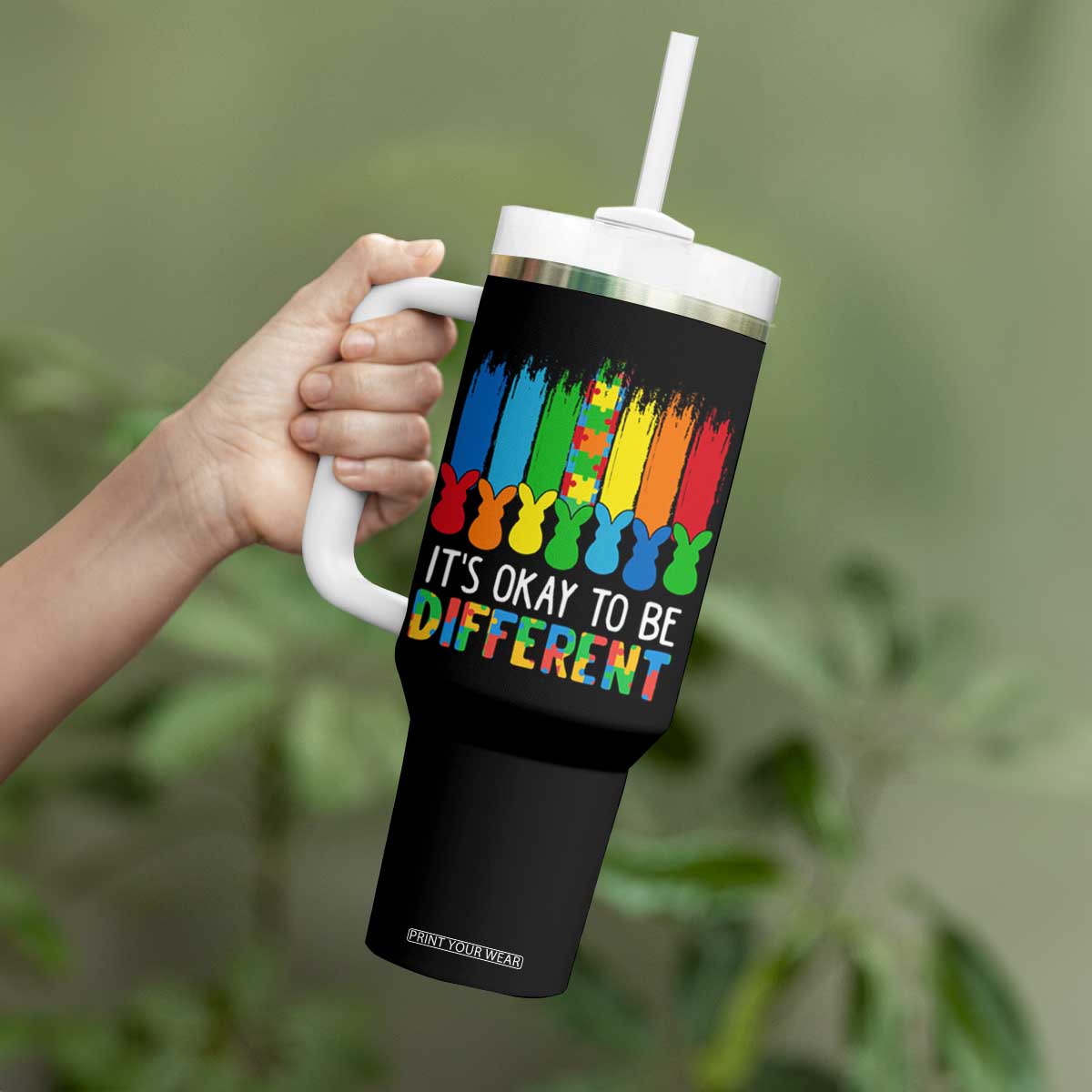 Autism Awareness Tumbler With Handle It's OK To Be Different Puzzle Easter Bunny TS09 Print Your Wear