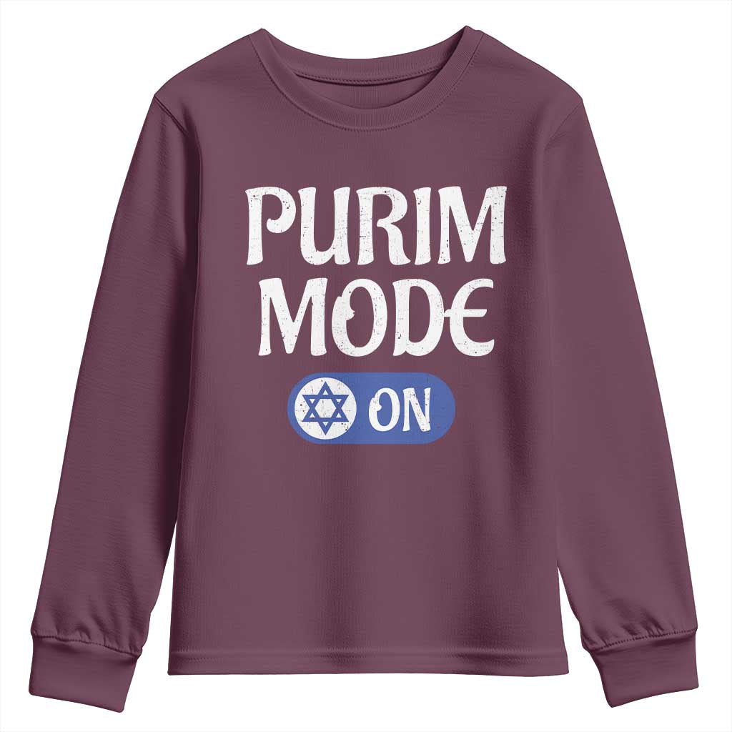 Funny Purim Mode On Youth Sweatshirt Jewish Star of David TS09 Maroon Print Your Wear