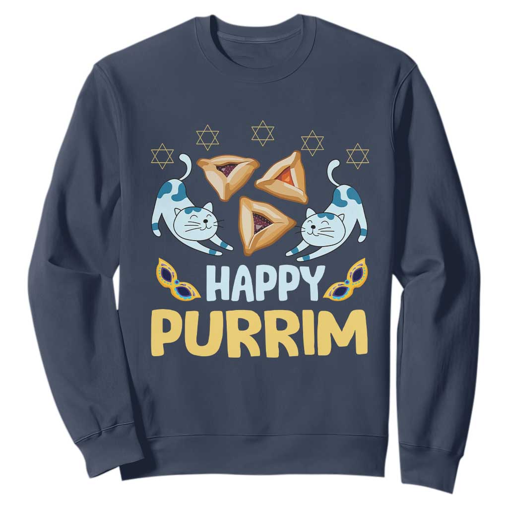 Purim Cat Sweatshirt Happy Purrim Hamantash Jewish Star of David TS09 Navy Print Your Wear