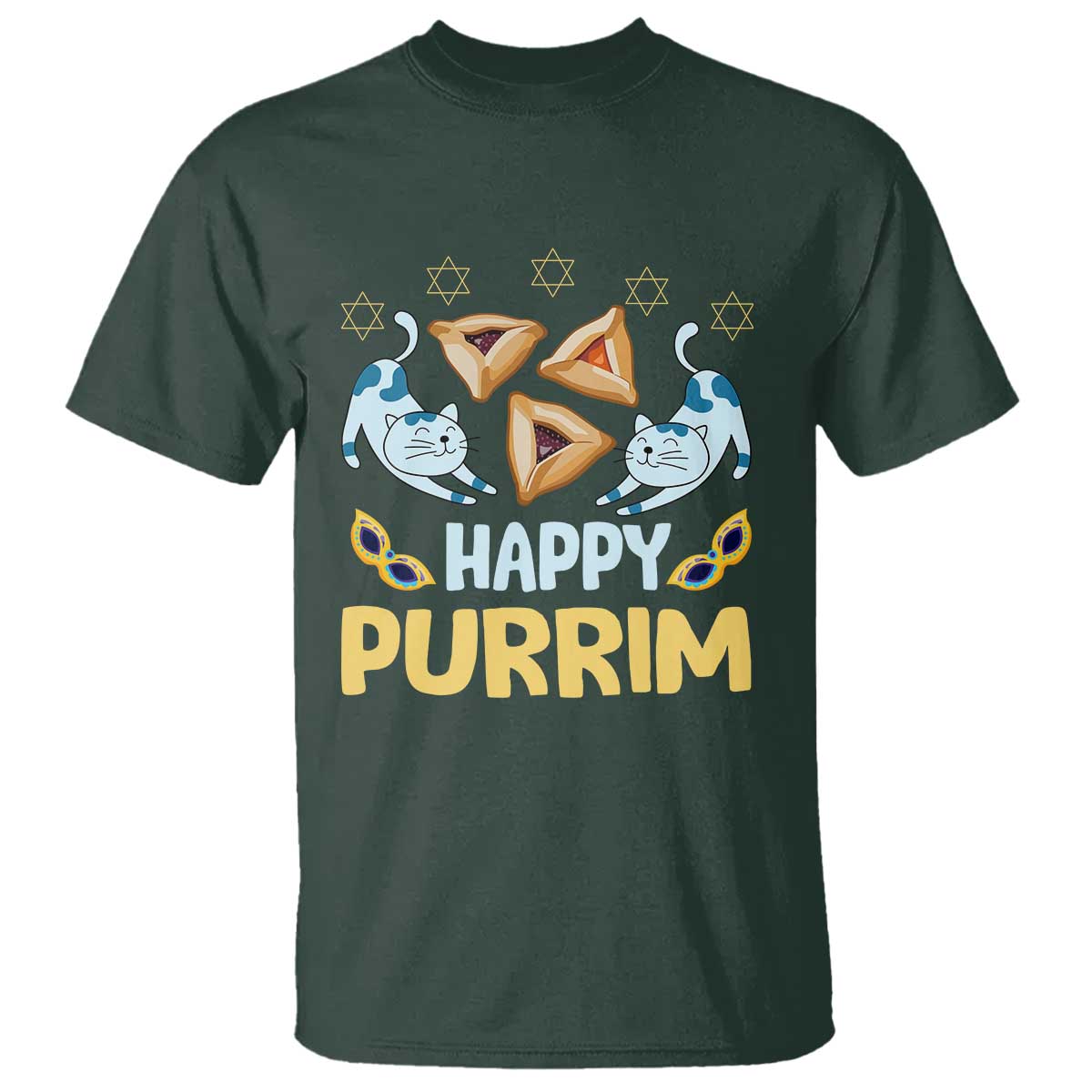Purim Cat T Shirt Happy Purrim Hamantash Jewish Star of David TS09 Dark Forest Green Print Your Wear
