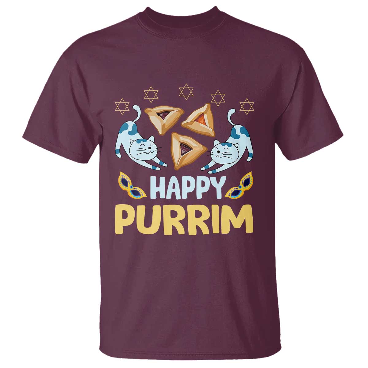 Purim Cat T Shirt Happy Purrim Hamantash Jewish Star of David TS09 Maroon Print Your Wear
