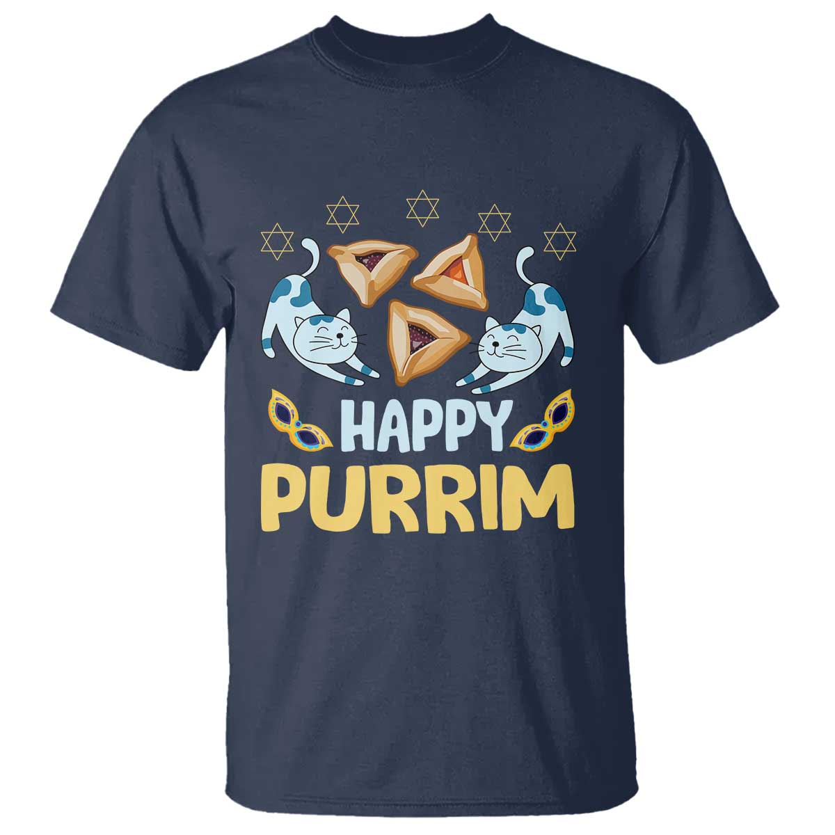 Purim Cat T Shirt Happy Purrim Hamantash Jewish Star of David TS09 Navy Print Your Wear