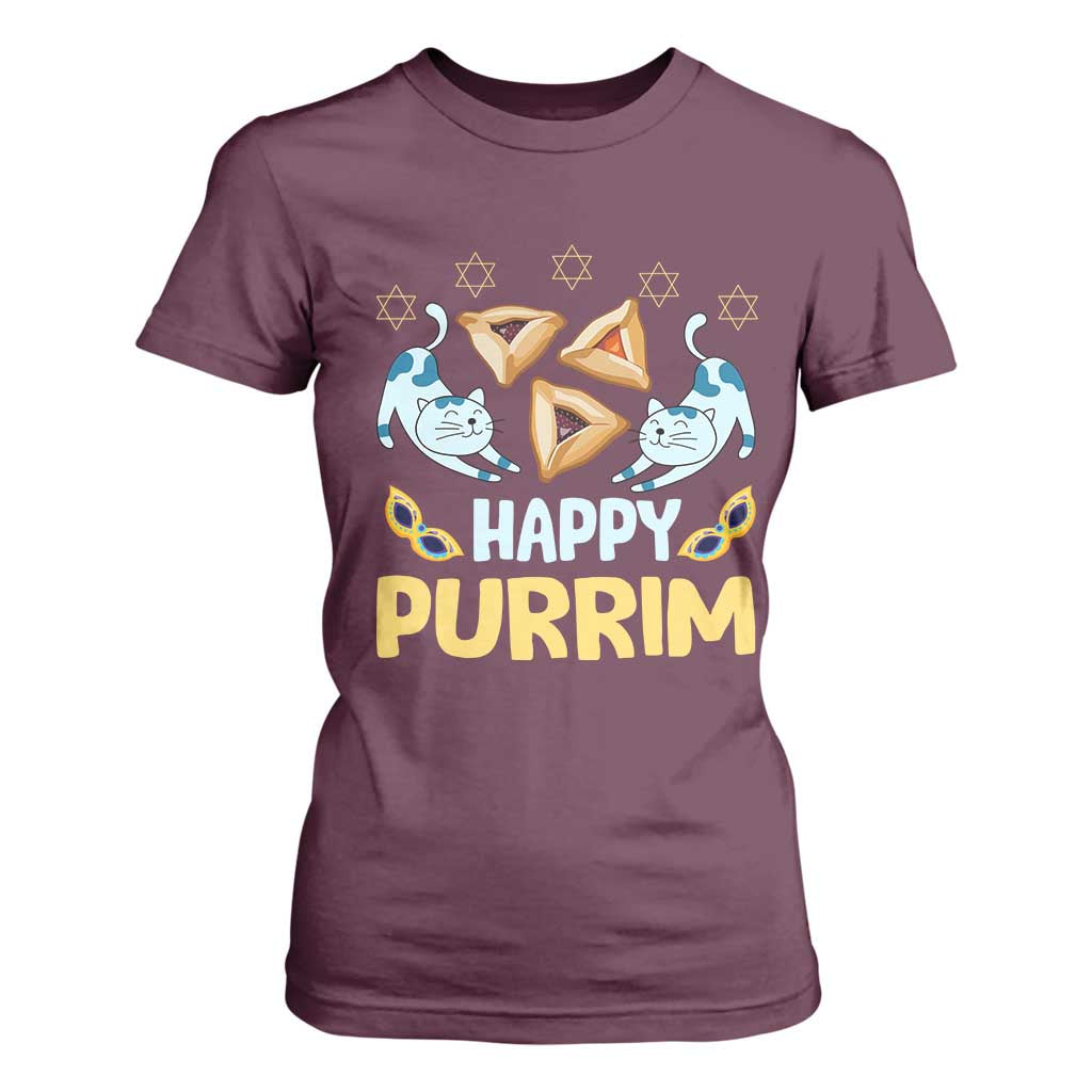 Purim Cat T Shirt For Women Happy Purrim Hamantash Jewish Star of David TS09 Maroon Print Your Wear