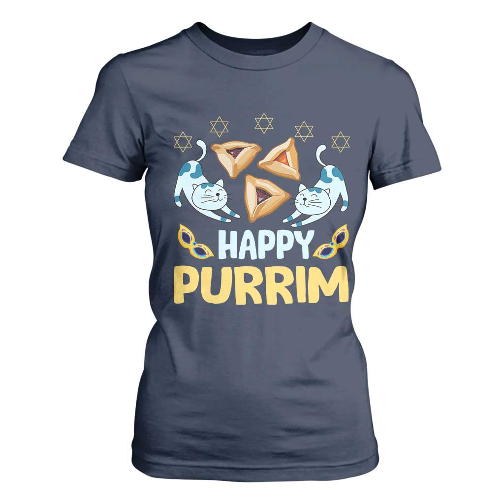 Purim Cat T Shirt For Women Happy Purrim Hamantash Jewish Star of David TS09 Navy Print Your Wear