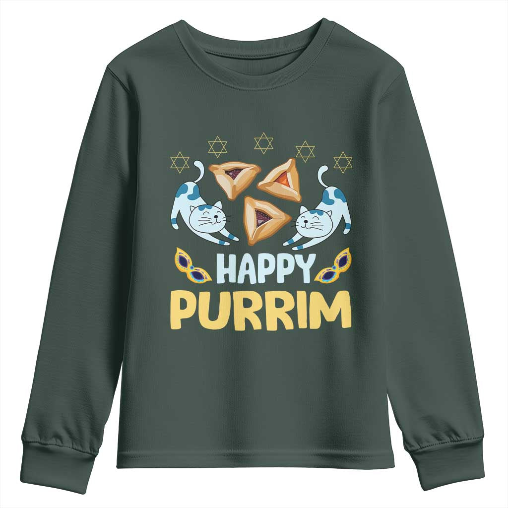Purim Cat Youth Sweatshirt Happy Purrim Hamantash Jewish Star of David TS09 Dark Forest Green Print Your Wear