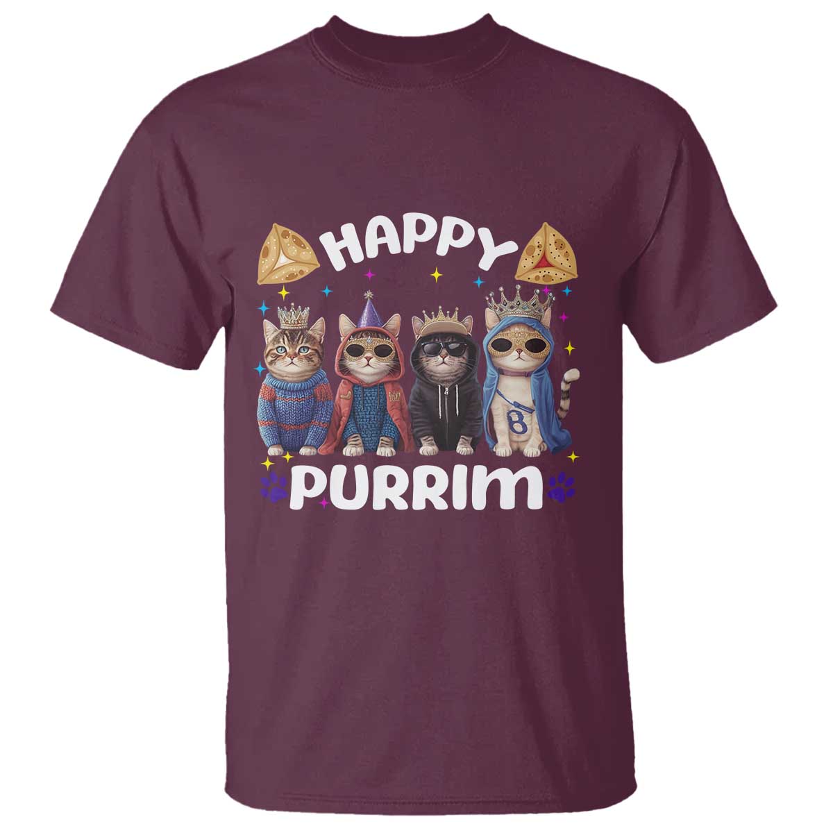 Purim Cat T Shirt Happy Purrim Hamantash Cute Cat Costume TS09 Maroon Print Your Wear