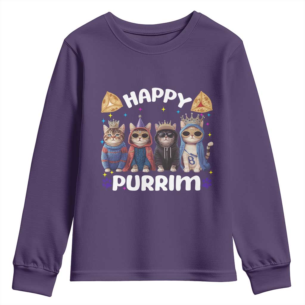 Purim Cat Youth Sweatshirt Happy Purrim Hamantash Cute Cat Costume TS09 Purple Print Your Wear