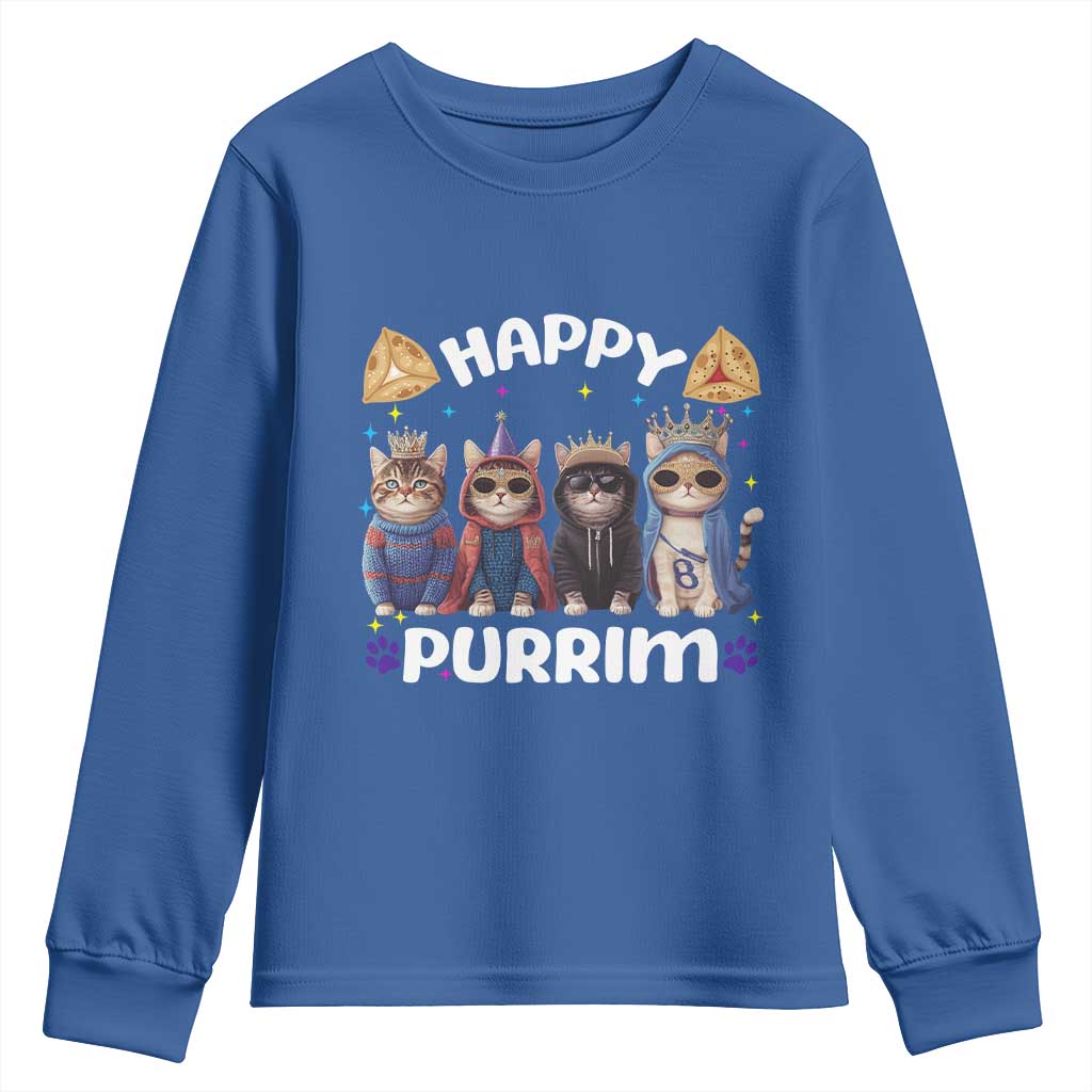 Purim Cat Youth Sweatshirt Happy Purrim Hamantash Cute Cat Costume TS09 Royal Blue Print Your Wear