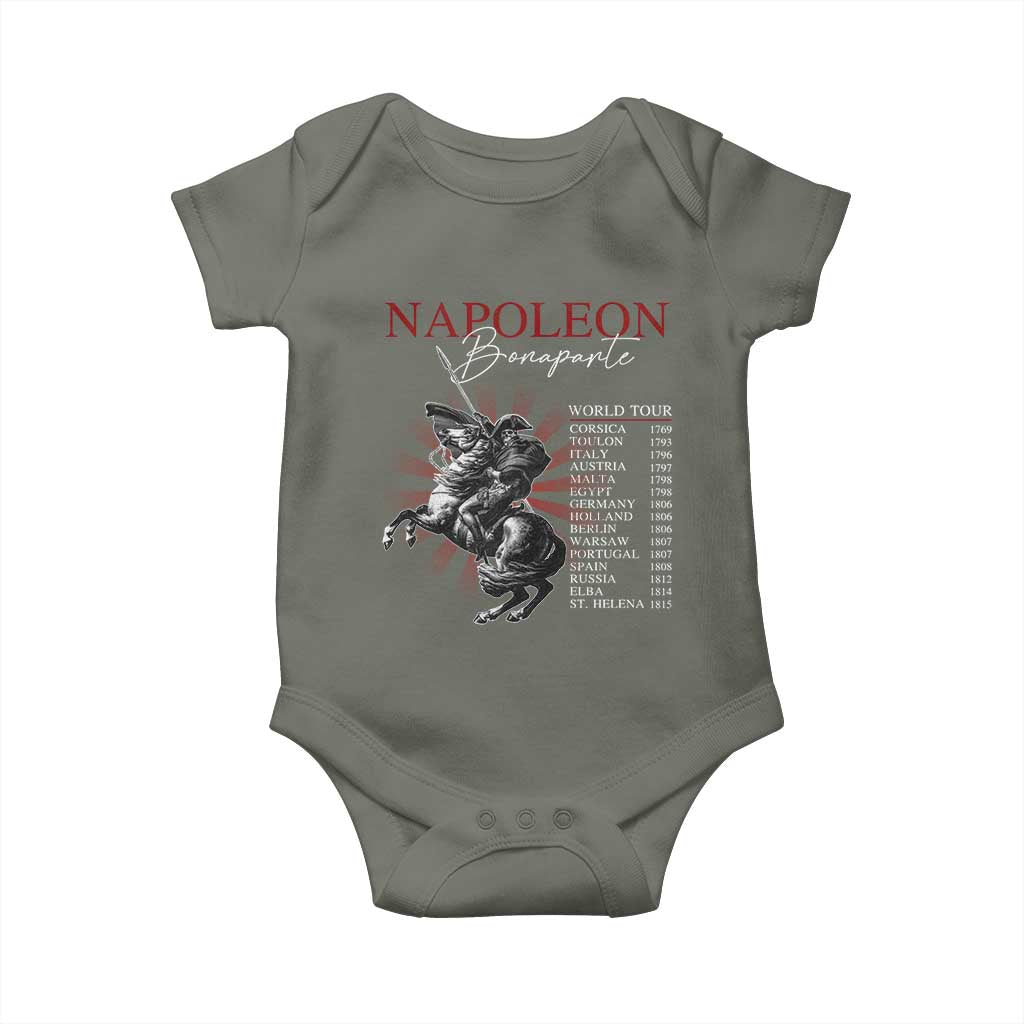 Funny History Lover Baby Onesie Napoleon Bonaparte World Tour TS09 Military Green Print Your Wear