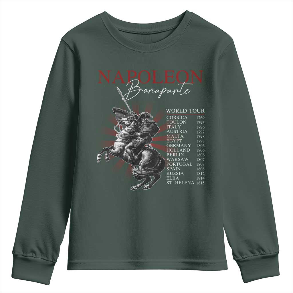 Funny History Lover Youth Sweatshirt Napoleon Bonaparte World Tour TS09 Dark Forest Green Print Your Wear