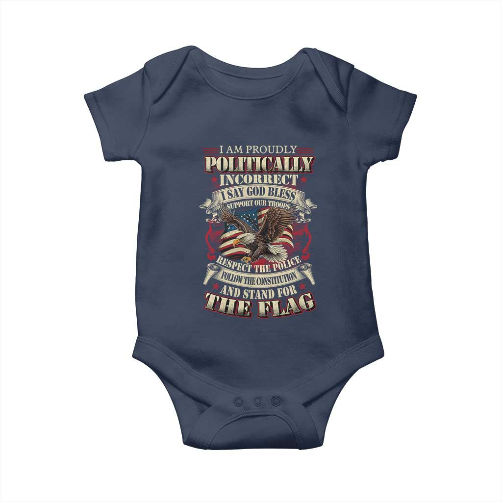 American Patriotism Baby Onesie Proudly Politically Incorrect God Bless America Support Troops TS09 Navy Print Your Wear