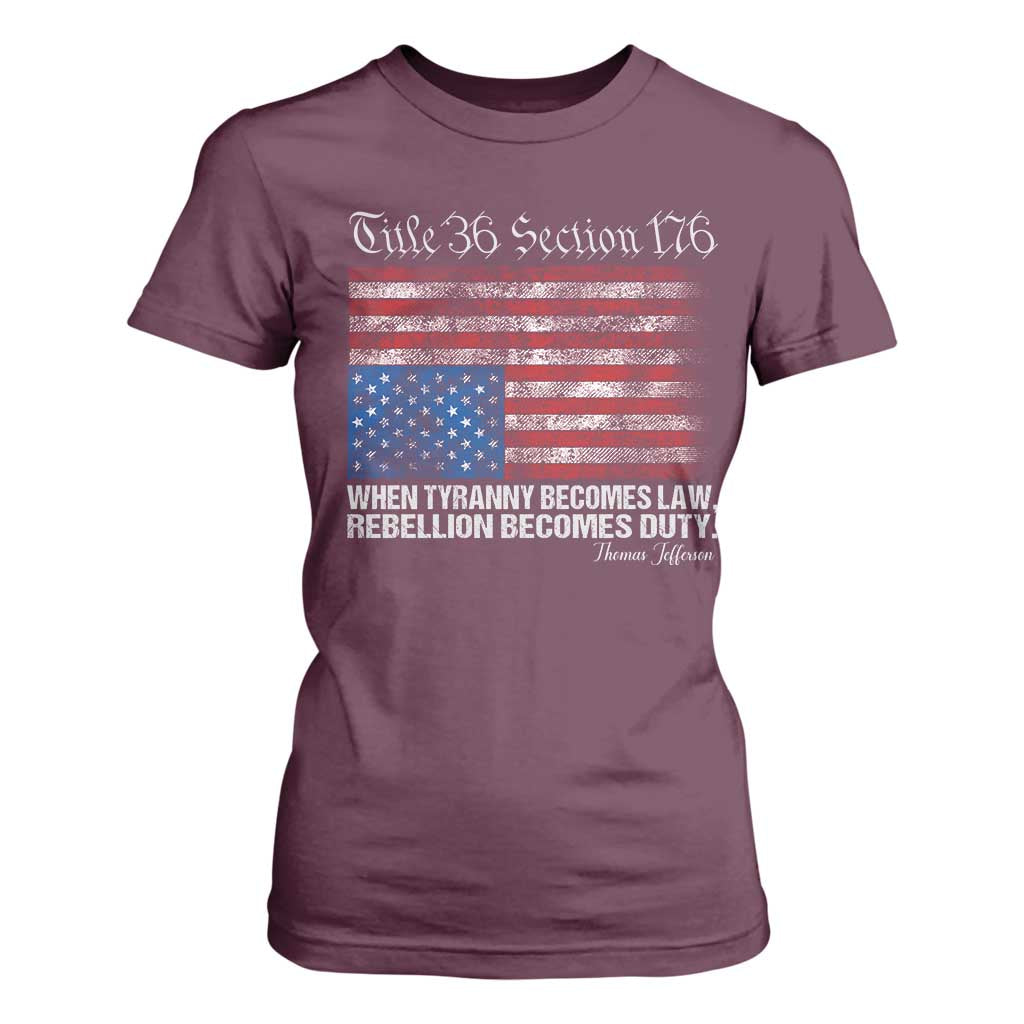 American Flag Upside Down Thomas Jefferson T Shirt For Women When Tyranny Becomes Law Rebellion Becomes Duty TS09 Maroon Print Your Wear