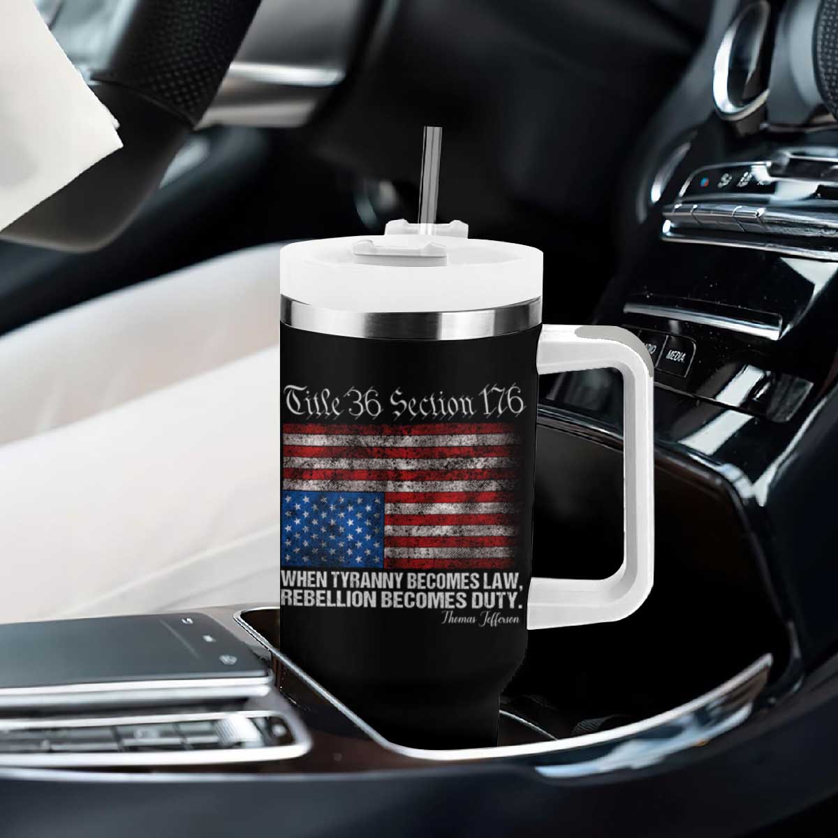 American Flag Upside Down Thomas Jefferson Tumbler With Handle When Tyranny Becomes Law Rebellion Becomes Duty TS09 Print Your Wear