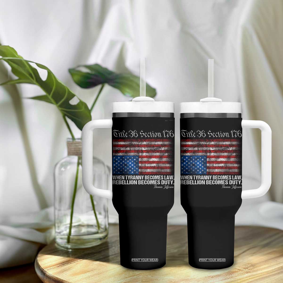 American Flag Upside Down Thomas Jefferson Tumbler With Handle When Tyranny Becomes Law Rebellion Becomes Duty TS09 Print Your Wear