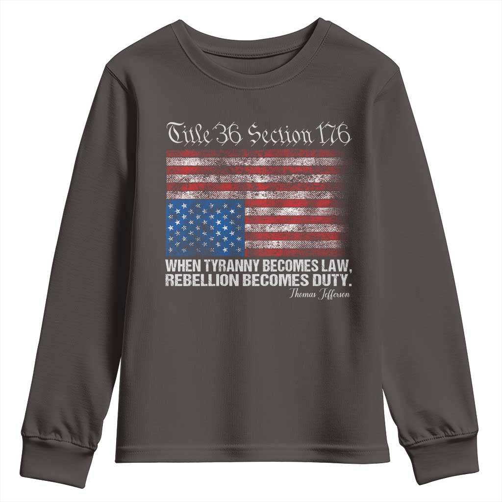 American Flag Upside Down Thomas Jefferson Youth Sweatshirt When Tyranny Becomes Law Rebellion Becomes Duty TS09 Dark Chocolate Print Your Wear