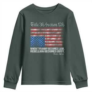 American Flag Upside Down Thomas Jefferson Youth Sweatshirt When Tyranny Becomes Law Rebellion Becomes Duty TS09 Dark Forest Green Print Your Wear