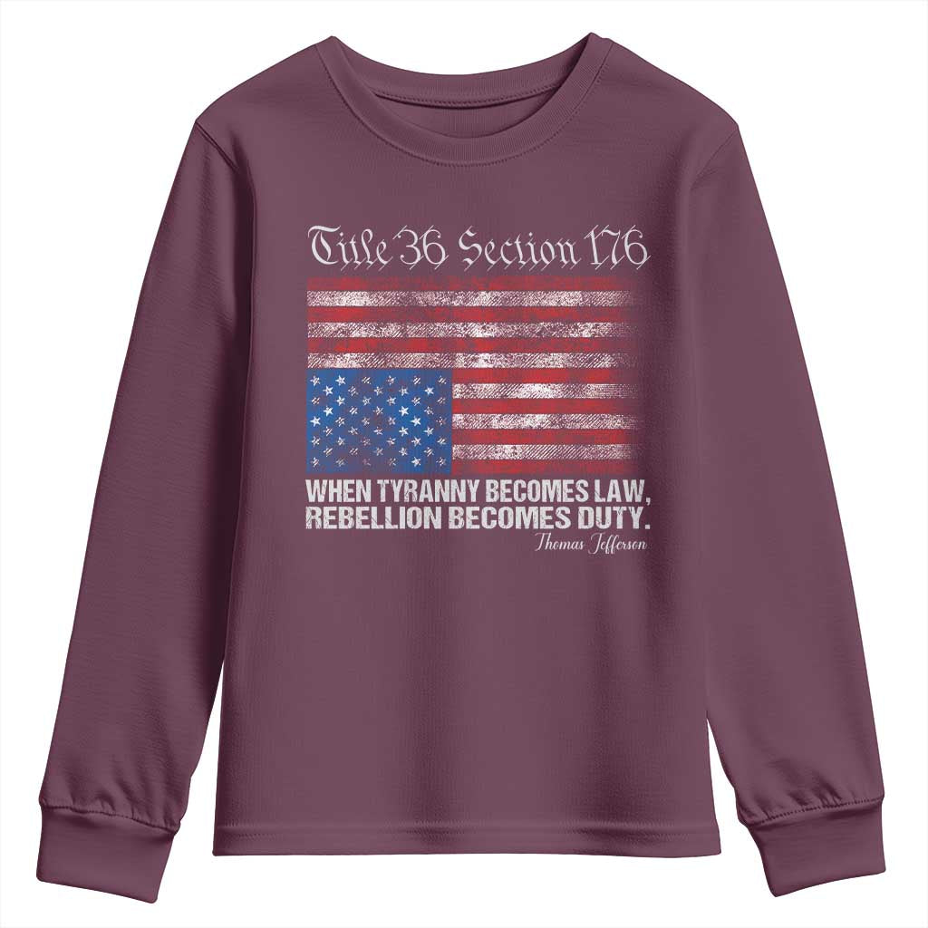 American Flag Upside Down Thomas Jefferson Youth Sweatshirt When Tyranny Becomes Law Rebellion Becomes Duty TS09 Maroon Print Your Wear
