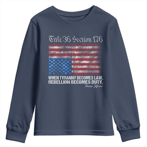 American Flag Upside Down Thomas Jefferson Youth Sweatshirt When Tyranny Becomes Law Rebellion Becomes Duty TS09 Navy Print Your Wear